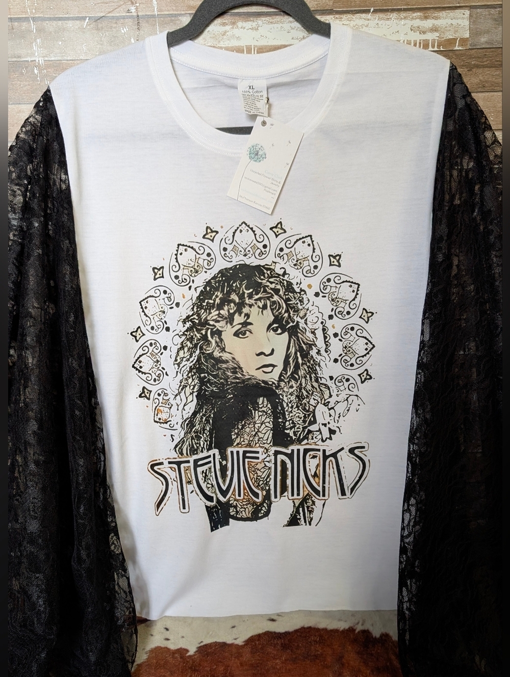 New Handcrafted Stevie Nicks Graphic W Black Lace Boho Bat Winged Sleeves - Picture 4 of 9